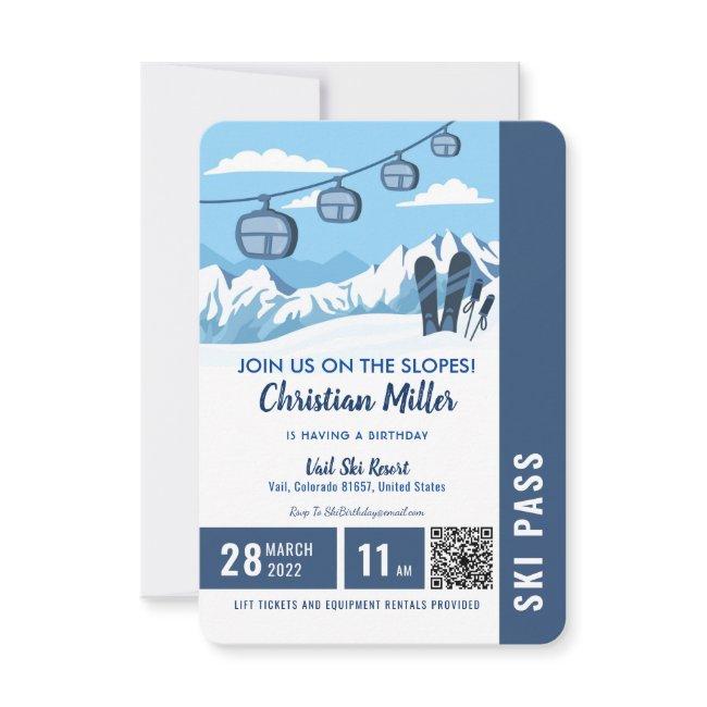 Skiing Birthday Party Slopes Ski Snowboard Ticket Invitation