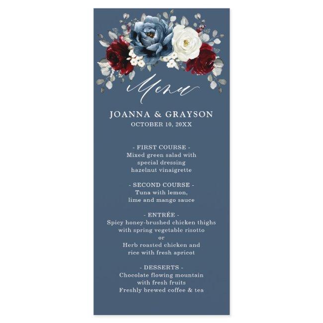 Slate Blue Burgundy White Ivory Floral Wedding Me Menu