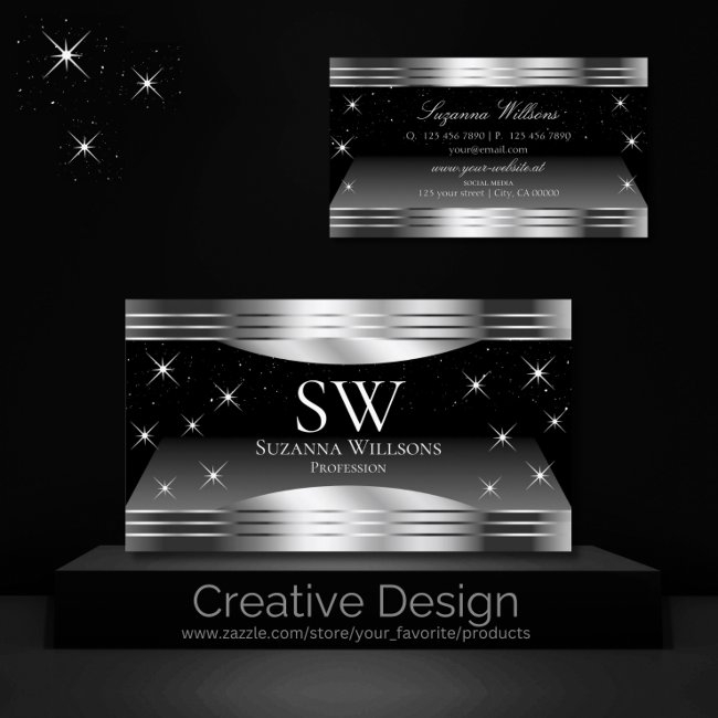 Smart Black Silver Shimmer Borders With Monogram Business Invitations