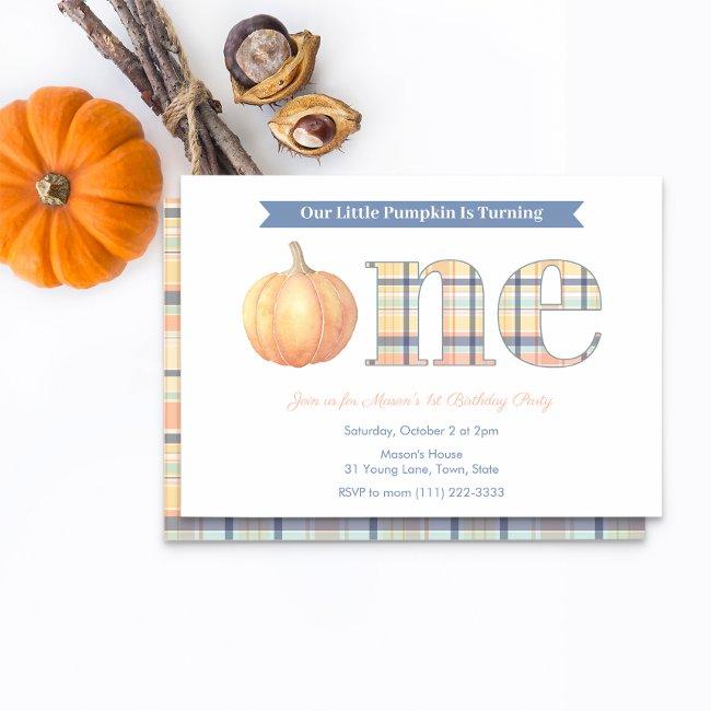 Smart Pumpkin Madras Plaid Boy 1st Birthday Party Invitation