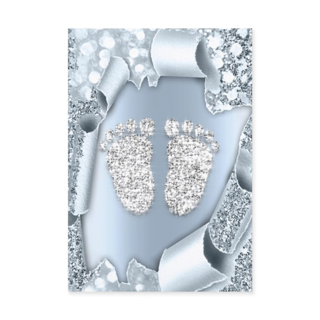 Smoky Blue Baby Shower Feet Boy Girl 3d Glitter Invitation