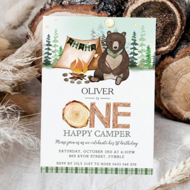 S'more Camping Bear One Happy Camper 1st Birthday Invitation