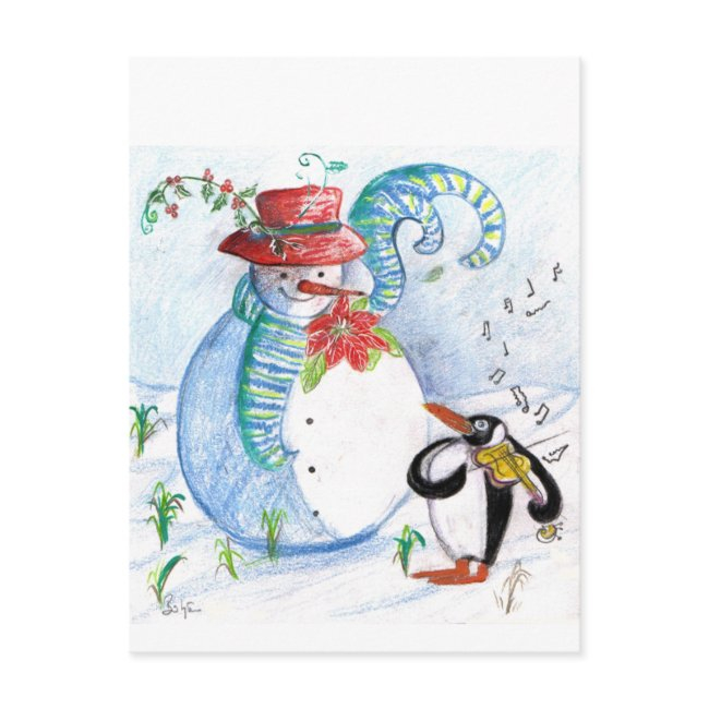 Snowman And Penguin's Winter Serenade Postinvitations