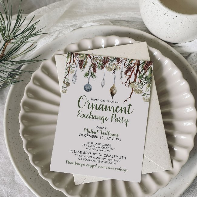Snowy Pines Christmas Ornament Exchange Party Invitation