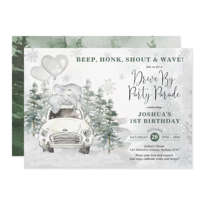 Snowy Silver Winter Elephant Drive By Birthday Invitation
