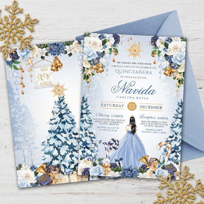 Snowy Winter Ice Blue And Gold Floral Quinceanera Invitation