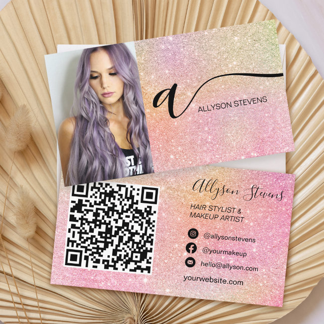Soft Glitter Hair Makeup Photo Initial Qr Code Business Invitations