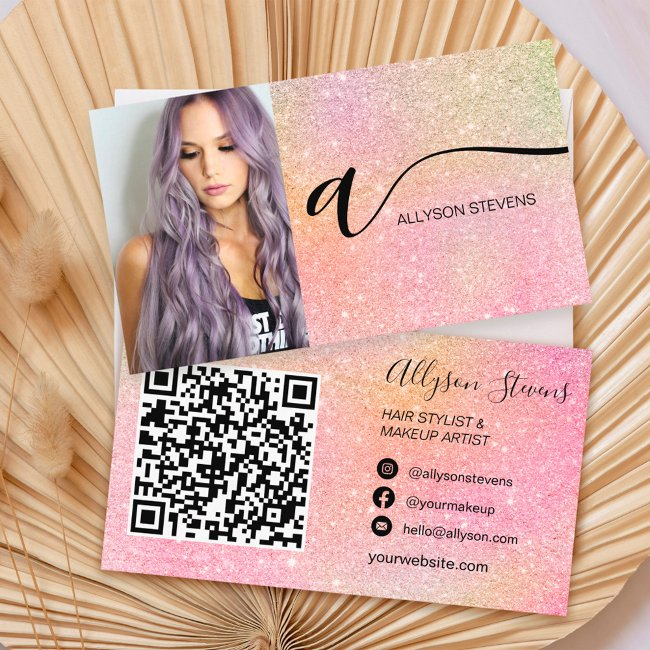 Soft Glitter Hair Makeup Photo Initial Qr Code Business Invitations