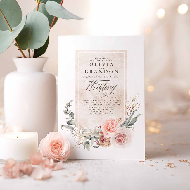 Soft Pastel Flowers Boho Elegant Chic Wedding Invitation