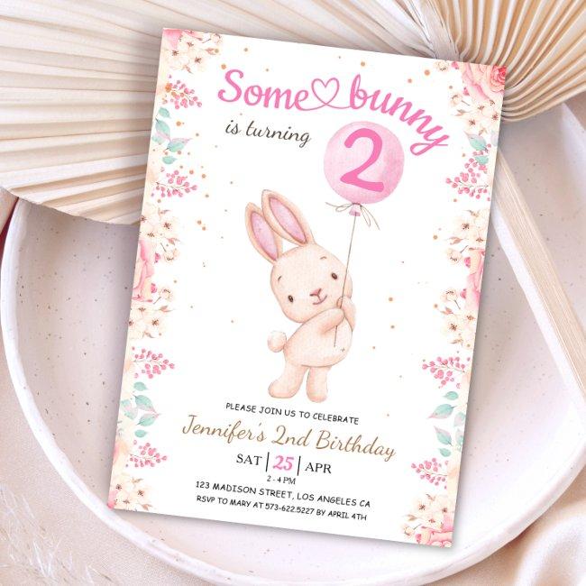 Some Bunny Is Two! 2nd Birthday Girl Pink Balloon Invitation