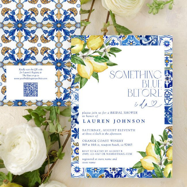 Something Blue Lemon Moroccan Qr Bridal Shower Invitation