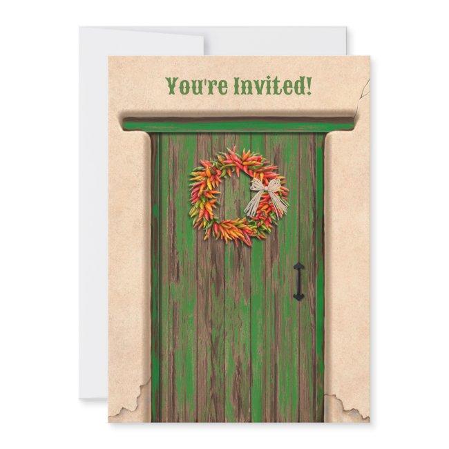 Southwest Chile Wreath Rustic Green Door Invitation
