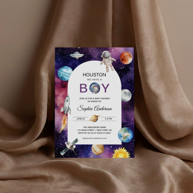 Space Astronaut Houston We've A Boy Baby Shower Invitation