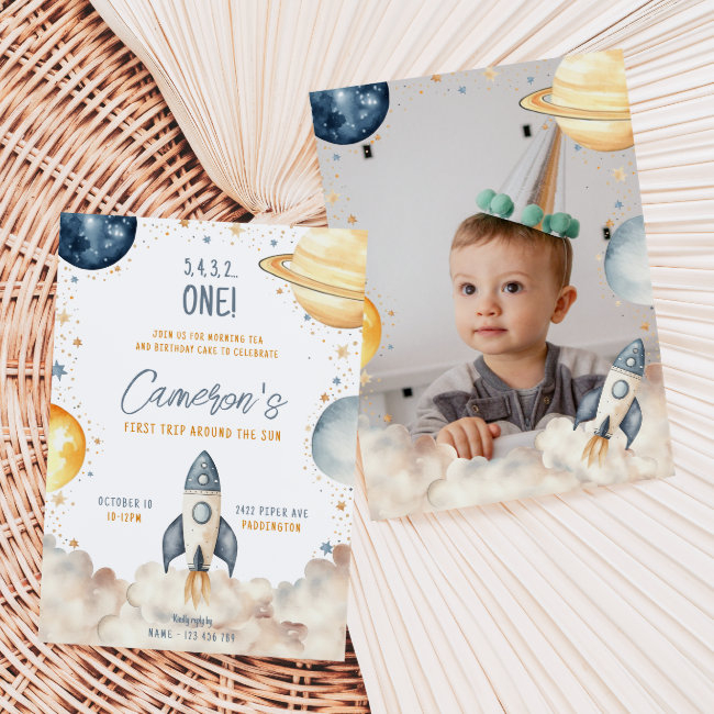 Space First Trip Around The Sun Birthday Party Invitation