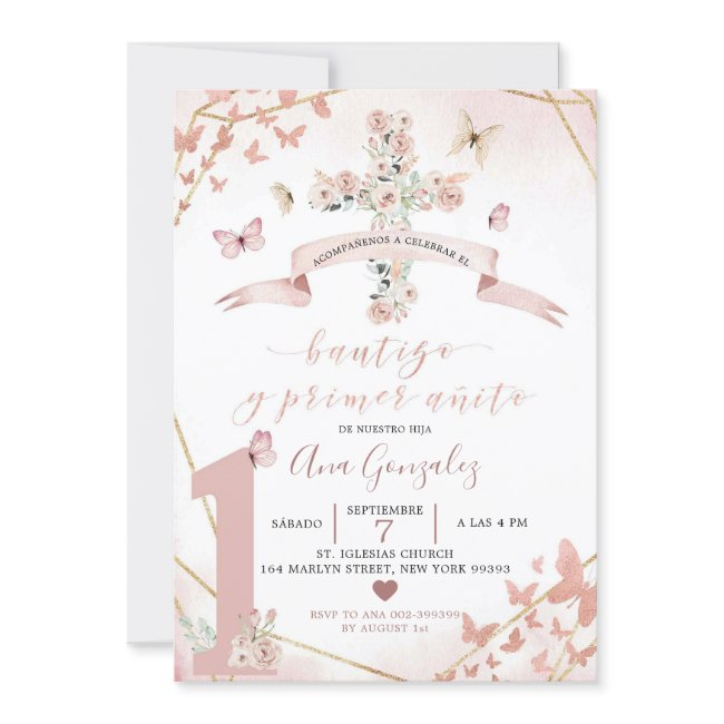 Spanish Blush Pink Butterfly Bautizo 1st Birthday Invitation