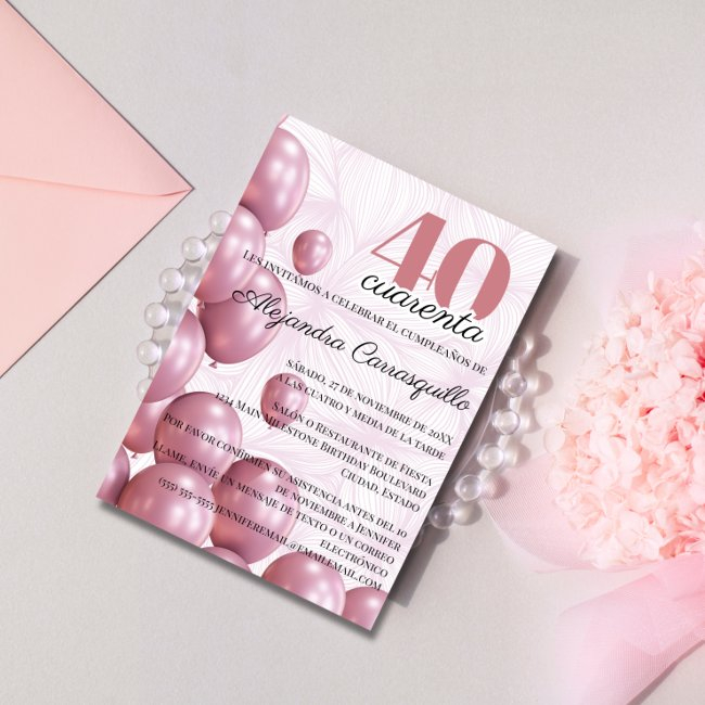Spanish Blush Rose Floral Balloons 40th Birthday Invitation