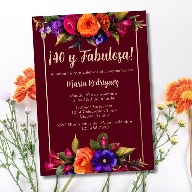 Spanish Elegant Bright Florals Red 40th Birthday Invitation