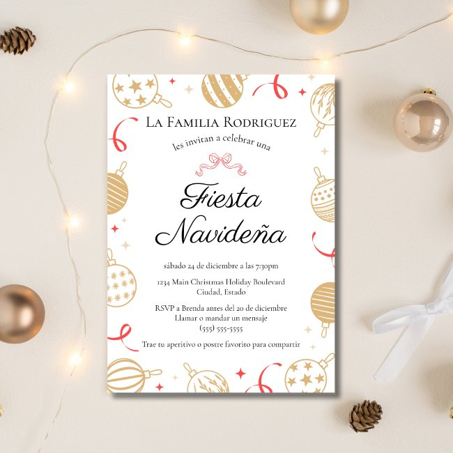 Spanish Fiesta Navideña Gold & Red Christmas Party Invitation