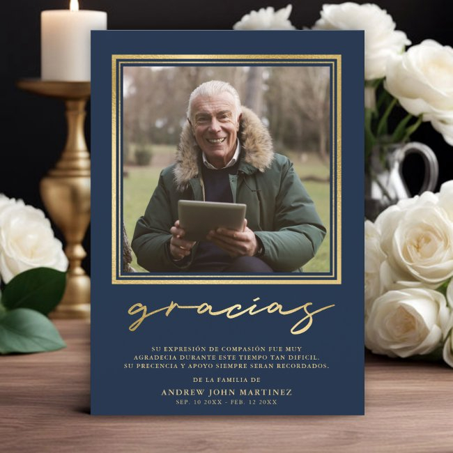 Spanish Navy & Gold Calligraphy Funeral Photo Thank You Invitations