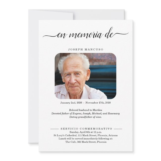 Spanish Personalized Funeral Announcement W- Photo
