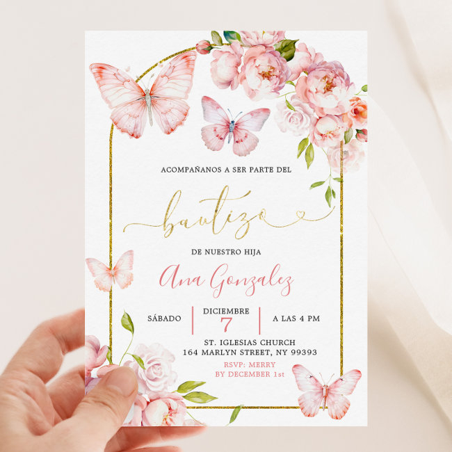 Spanish Pink Peony Floral Butterfly Girl Bautizo Invitation