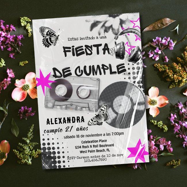 Spanish Retro Music Any Age Black & Pink Birthday Invitation