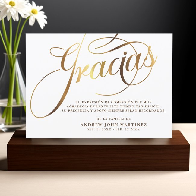 Spanish White & Gold Calligraphy Funeral Thank You Invitations