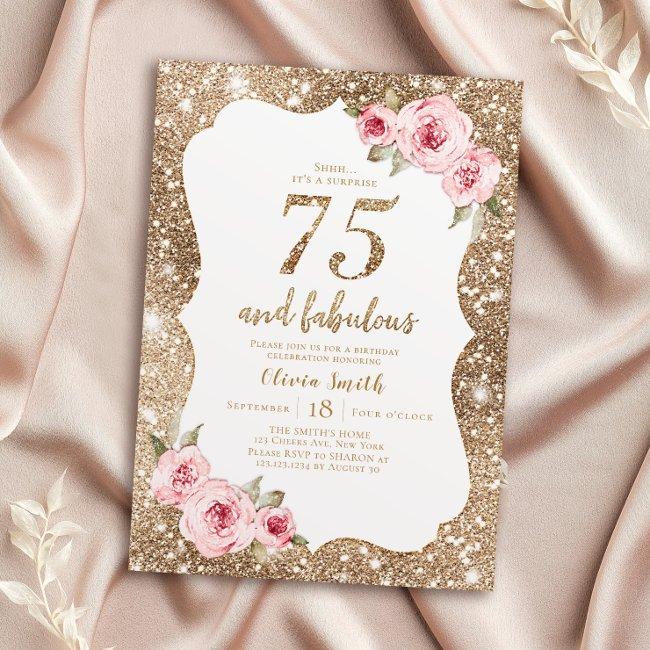 Sparkle Gold Glitter And Pink Floral 75th Birthday Invitation
