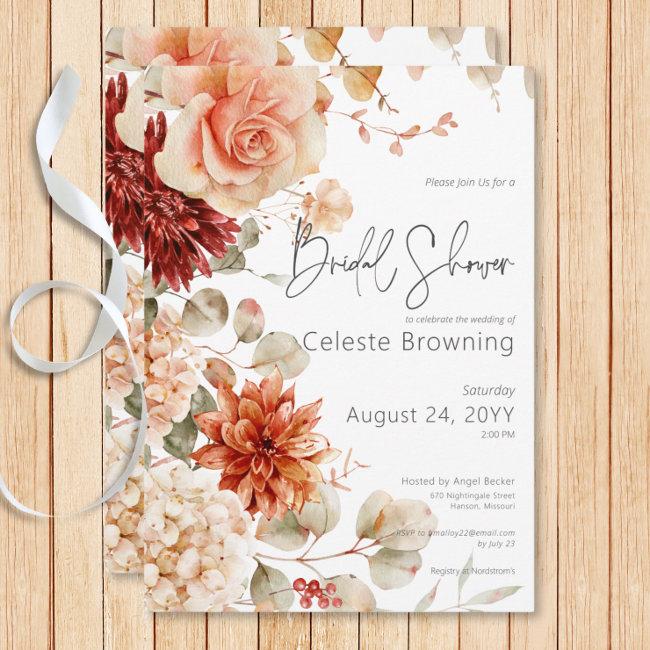 Spicy Fall Rust & Blush Boho Floral Bridal Shower Invitation