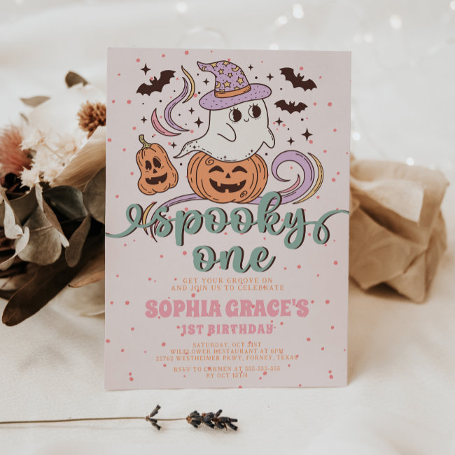 Spooky One Retro Ghost Halloween Birthday Party Invitation