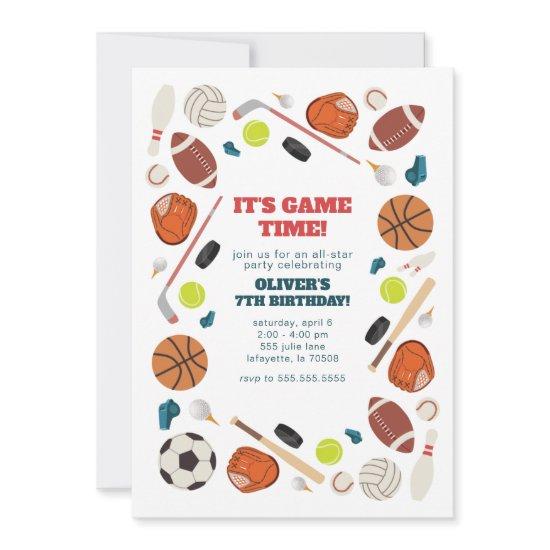 Sports Game Time All-star Birthday Party Invitation