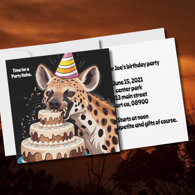 Spotted Hyena Wearing Hat Biting Into Cake Invitation