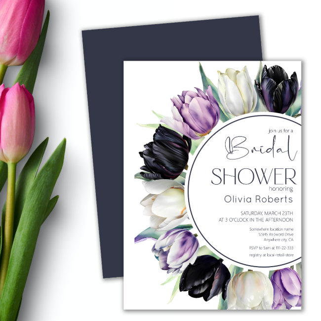 Spring Black White Tulips Bridal Shower Invitation
