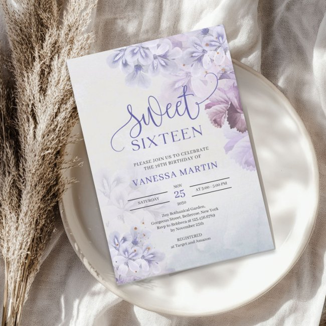 Spring Purple Dusty Blue Mauve Boho Sweet Sixteen Invitation