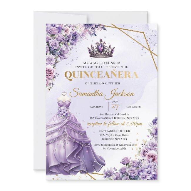 Spring Purple Flowers Princess Dress Quinceañera Invitation