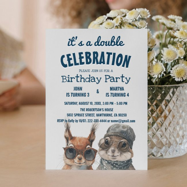 Squirrel And Rabbit Kids Double Birthday Party Invitation