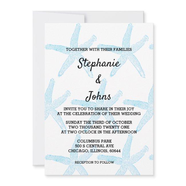 Starfish Blue Pattern White Beach Nautical Wedding Invitation