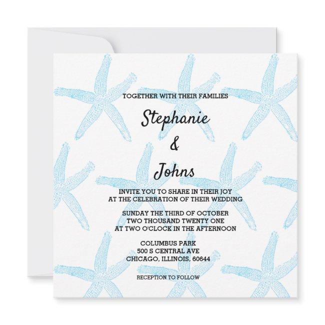 Starfish Nautical Wedding Blue Pattern White Beach Invitation