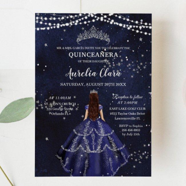 Starry Night Navy Blue Gown Silver Quinceañera Invitation
