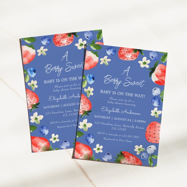 Strawberry Blueberry Berry Sweet Boy Baby Shower Invitation