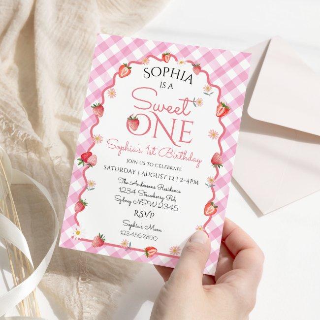 Strawberry Wavy Sweet One First Birthday Invitation
