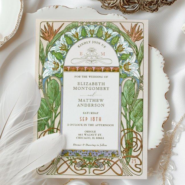 Strelitzia Colorful Wedding Art Nouveau Mucha Invitation