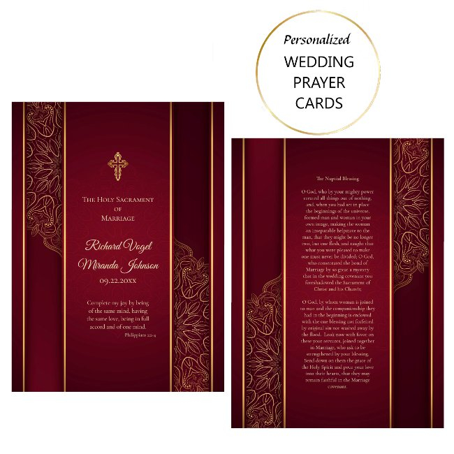Stunning Maroon Gold Catholic Wedding Prayer Invitations