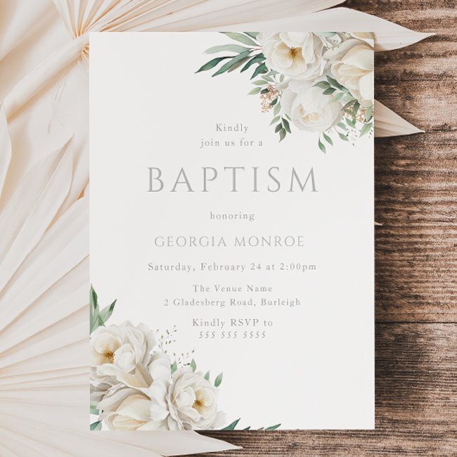 Stunning Sage Leaf & White Floral Baptism Invitation