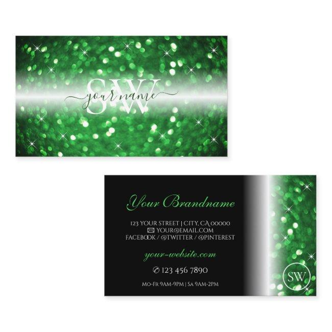 Stylish Black And Green Sparkling Glitter Initials Business Invitations