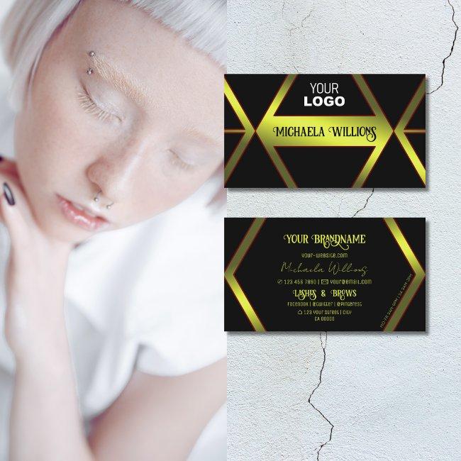 Stylish Black Geometric Yellow Shimmer With Logo Business Invitations