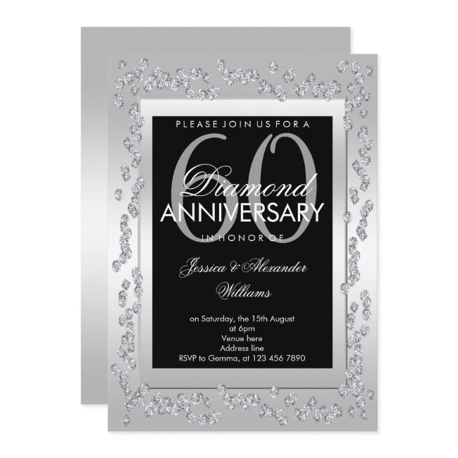 Stylish Diamonds Silver 60th Wedding Anniversary Invitation