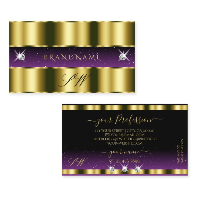 Stylish Gold Purple Black Sparkle Jewels Initials Business Invitations