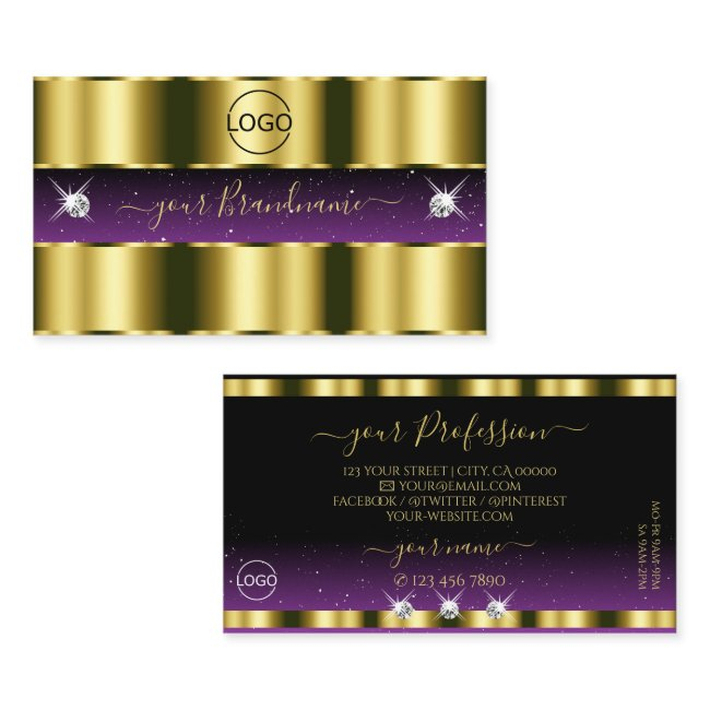Stylish Gold Purple Black Sparkle Jewels With Logo Business Invitations