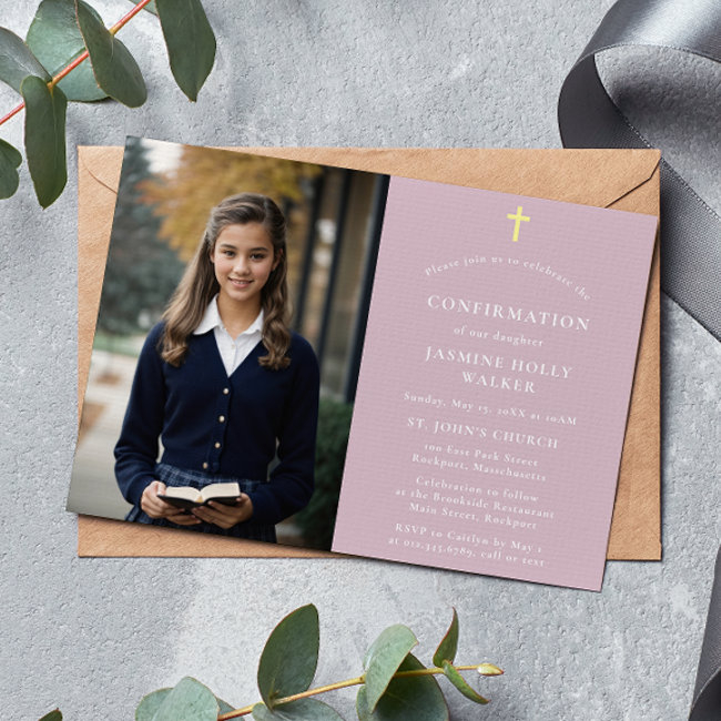 Stylish Modern Classic Photo Pink Confirmation Invitation
